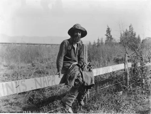 Hobo on a fence, Napa, California, c.1920